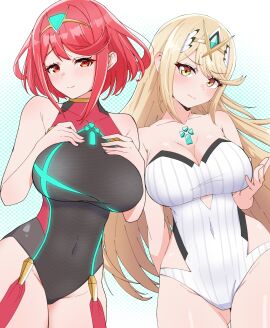 2girls absurdres bare_shoulders black_one-piece_swimsuit blonde_hair blue_background breasts circlet cleavage closed_mouth core_crystal cowboy_shot female highres kamidan large_breasts long_hair looking_at_viewer medium_hair multiple_females multiple_girls mythra no_artist_signature one-piece_swimsuit polka_dot polka_dot_background pyra red_eyes red_hair smile strapless strapless_one-piece_swimsuit swept_bangs swimsuit very_long_hair white_one-piece_swimsuit xenoblade_(series) xenoblade_chronicles_(series) xenoblade_chronicles_2 yellow_eyes