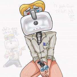 clothebro date_everything embarrassed inhuman_genetalia male no_pants object_dick object_head penis shirt sinclaire_[martin_c._applegate]_(date_everything)