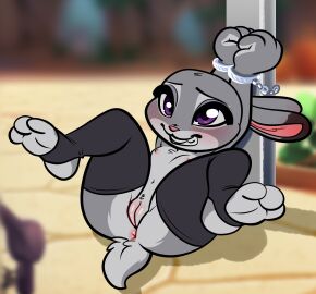 2025 anthro anus baebot blush bound breasts clothing cuff_(restraint) disney female fur genitals grey_body grey_fur grin handcuffed handcuffs hi_res judy_hopps lagomorph legs_up legwear legwear_only leporid mammal metal_cuffs nipples purple_eyes pussy rabbit restraints small_breasts smile solo spread_legs spreading thigh_highs toeless_legwear zootopia