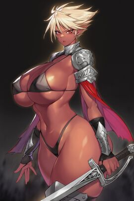 1girls armor barely_clothed bikini_armor black_background blonde_hair breasts cleavage commentary_request dark-skinned_female dark_elf dark_skin earrings elf elf_ears elf_female female female_only gurimjang highres holding holding_sword holding_weapon jewelry large_breasts lips long_hair looking_at_viewer original parted_lips pointy_ears red_eyes revealing_clothes short_hair sideboob skimpy skimpy_clothes solo solo_female sword thighs very_short_hair weapon