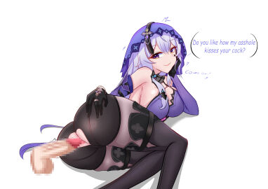 1boy 1girls anal anal_access anal_only anal_only_panties anal_sex anus anus_cutout ass backless_panties big_ass big_breasts black_swan_(honkai:_star_rail) breasts caelus_(honkai:_star_rail) covered_pussy detached_sleeves devil4826 disembodied_penis english_text female female_focus gloves headdress hole_in_pants honkai:_star_rail looking_at_viewer male male/female male_penetrating_female penis penis_in_ass purple_eyes purple_hair pussy sex shirt short_shorts shorts smile stockings straight text thigh_boots veil