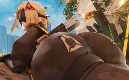 1boy 1girls 3d 3d_(artwork) ass big_ass big_buttt blonde-haired_female blonde_female blonde_hair butt_crush buttcrush clothed clothed_female clothed_male female happy happy_female huge_ass huge_butt light-skinned_female light_skin male smile smiling smiling_at_partner trigger_(zenless_zone_zero) video_game_character whygts zenless_zone_zero