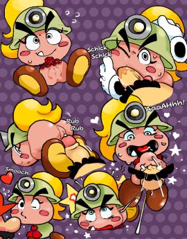 anus armor ass big_nose black_eyebrows black_eyelashes black_eyes black_pubes blonde_hair bodily_fluids brown_clothing brown_footwear brown_shoes calicoddle cheek_bulge closed_smile clothing cum cum_inside cute_fangs disembodied_penis dotted_background duo eyebrows eyelashes fangs fellatio female footwear genital_fluids genitals gloves goomba goombella hair hand_on_hat hand_on_head handwear hat headgear headwear heart_symbol helmet human humanoid_genitalia humanoid_penis kissing light_body light_skin male male/female mammal mario mario_(series) mouth_closed nintendo nippleless nose_kiss onomatopoeia open_mouth oral paper_mario paper_mario_(character) pattern_background penile penis pink_body pink_skin ponytail precum pubes pussy rear_view red_clothing red_hat red_headwear red_tongue rosy_cheeks rubbing saliva saliva_on_penis sex shoes simple_background sitting smile smooch_(sound_effect) sound_effects stomach_bulge sweat sweatdrop teeth text thick_eyebrows tongue vaginal_penetration white_clothing white_gloves white_handwear