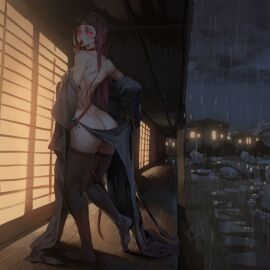 1girls absurd_res absurdres ass back bad_id bad_tumblr_id black_thighhighs blunt_bangs cloud dark dated female female_focus full_body glowing glowing_eyes glowing_red_eyes highres long_hair long_sleeves long_tongue looking_at_viewer looking_back night no_bra no_panties no_shoes open_mouth original original_character outdoors purple_hair rain raining red_eyes saejin_oh signature sliding_doors solo standing teeth thighhighs tongue tongue_out upper_teeth upper_teeth_only