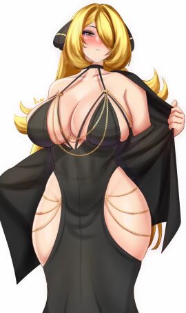 1girls anisdrawn bangs bangs_over_one_eye black_cape black_choker black_dress black_eyes black_eyeshadow blonde_hair breasts cape capelet chains choker cleavage cynthia_(pokemon) dress eyeshadow female game_freak hair_over_one_eye hip_vent large_breasts light-skinned_female light_skin long_hair meme meme_attire milf modakawa_dress nintendo older_female pokemon pokemon_dppt_(anime) sidelocks straps_across_chest thick_thighs wide_hips