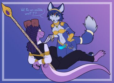 2024 anthro ass blue_body blue_fur blue_hair blush bondage bound breasts canid canine canis clothed clothing countershading cuff_(restraint) dialogue digital_drawing_(artwork) digital_media_(artwork) dominant dominant_anthro dominant_female dragon dreadlocks duo english_text erection erection_under_clothing female fox fur hair hi_res imminent_pegging imminent_sex krystal krystal_(star_fox) male male/female mammal mythological_creature mythological_scalie mythology necktie nerai_(neraired) nintendo pantheggon pawpads paws reptile restraints rope rope_bondage scalie simple_background smile speech_bubble star_fox strap-on strapon submissive submissive_anthro submissive_male suit suit_and_tie suit_jacket suit_pants tail tenting text white_body white_fur