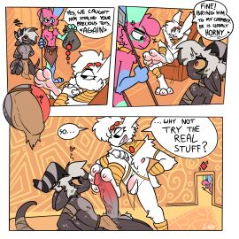 3_panel_comic absurd_res anklet anthro anthro_on_anthro anthro_only armlet balls bedroom_eyes big_penis blue_body blue_fur bottomwear bracelet chair clothing cross-popping_vein crown curved_horn dialogue digit_ring dot_eyes english_text enko_(mrt0ony) erection feet foot_fetish foot_play footjob fur furniture genitals gold_(metal) gold_anklet gold_armlet gold_bracelet gold_jewelry gold_tooth green_body green_fur grey_body grey_hair grey_scales grey_spots group hair half-closed_eyes headgear hi_res horn huge_cock humanoid_genitalia humanoid_penis humor imminent_anal imminent_sex inviting jewelry king_caspian_(xing1) kobold lagomorph leporid loincloth male mammal markings narrowed_eyes nervous nervous_expression nervous_smile penis pink_body pink_fur rabbit ring royalty scales scalie seductive sex smile smirk smug smug_face speech_bubble spots spotted_body spotted_markings spotted_scales text throne tiara toe_ring toes translucent translucent_clothing trio tuft vein veiny_penis white_body white_fur xing1 xing_(the_xing1) yellow_sclera