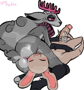 69_position anthro antlers anus ass big_butt big_penis bodily_fluids buckteeth duo frown genitals grey_hair hair handjob head_lock hi_res horn jackalope lagomorph leporid long_hair male male/male mammal mostly_nude nude_male oral penile penis penis_grab rabbit scarf scarf_only sex sweat sweaty_butt swirling_eyes teeth uromatsu