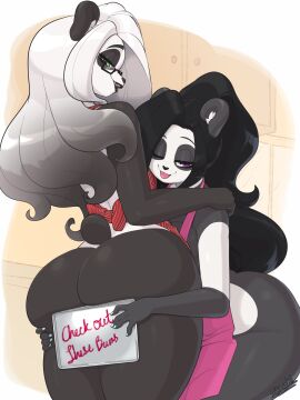 2girls anthro apron apron_only ass bea_(acuerol) bear big_butt biped black_body black_hair blep clothing commission duo eyebrows eyelashes female female/female female_only giant_panda glasses green_eyes hair hi_res looking_at_viewer looking_back mammal multicolored_body multicolored_hair narrowed_eyes pupils purple_eyes skecchiart smile smiling smiling_at_viewer thick_ass thick_thighs tongue tongue_out white_body white_hair wink winking_at_viewer yuri