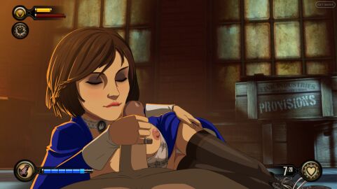 bioshock bioshock_infinite biting_lip biting_own_lip blue_dress bowl_cut breasts cock corset dark-skinned_male dark_skin dick dress_lift elizabeth_comstock female hand_on_hip holding_penis laying_on_floor laying_on_side male male_on_bottom necklace pecks penis short_hair stockings tan_skin tan_skinned_female thighhigh_stockings thighhighs thighs vest zone