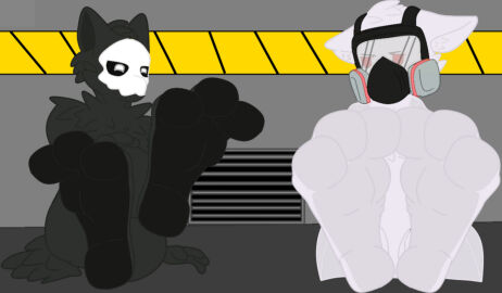 2boys anthro canine changed_(video_game) dr.k_(changed) foot_fetish foot_focus foot_tease gas_mask labcoat latex male male_focus male_only puro_(changed) showing_feet