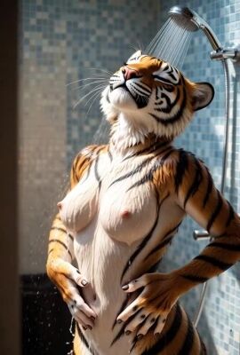 1girls ai_generated animated anthro breasts female furry naked naked_female nipples nude nude_female self_upload shower showering tagme tiger tigress video wet wet_fur