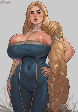 1girls areola_slip big_ass big_butt blonde_hair blue_eyes bubble_ass bubble_butt cleavage dress female female_focus female_only god_of_war god_of_war_ragnarok hand_on_hip huge_breasts large_ass large_butt light-skinned_female light_skin long_hair playstation ripped_clothing ripped_pants rocner sif_(god_of_war) sony_interactive_entertainment tagme very_long_hair