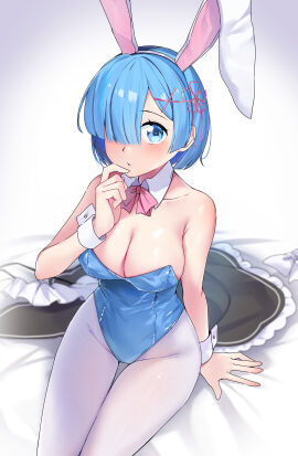 arusuko bare_arms bare_shoulders bed bed_sheet big_breasts blue_eyes blue_hair blue_leotard blush body_blush breasts bunny_ears bunnysuit cleavage collarbone detached_collar female hair_ornament hair_over_one_eye hair_ribbon highleg_leotard leotard pantyhose parted_lips re:zero_kara_hajimeru_isekai_seikatsu rem_(re:zero) shiny_skin short_hair sitting strapless_leotard thighs wrist_cuffs
