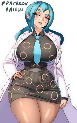 1girls anisdrawn blue_hair breasts female female_focus female_only game_freak hi_res labcoat large_breasts light-skinned_female light_skin looking_at_viewer mable_(pokemon) mable_(pokemon_legends:_z-a) momiji_(pokemon) momiji_(pokemon_legends:_z-a) nintendo pokemon pokemon_legends:_z-a solo thick_thighs thighs wide_hips