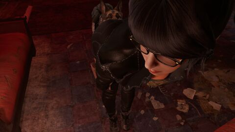 3d 3d_model ass backview big_ass big_breasts breasts dogmeat fallout fallout_4 female glasses leather nora_(fallout_4) pov screenshot sideboob