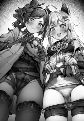 2girls @_@ ahoge animal_ears ass_visible_through_thighs asymmetrical_sidelocks bare_shoulders bell black_gloves black_leg_warmers black_panties black_pantyhose blush bow bow_panties breasts cameltoe cat_ears cat_girl chiori_(genshin_impact) choker clenched_teeth clothes_lift coat crotch detached_sleeves drill_hair drill_ponytail earmuffs earmuffs_around_neck embarrassed female female_only female_pubic_hair flying_sweatdrops gaiters genshin_impact gloves greyscale groin hair_ornament hair_stick hairclip japanese_clothes kimono kirara_(genshin_impact) lifted_by_self long_hair long_sleeves looking_at_viewer medium_breasts monochrome multiple_females multiple_girls neck_bell nekomata open_mouth paid_reward_available panties panties_under_pantyhose panty_pull pantyhose pubic_hair pubic_hair_peek pussy ribbon_choker skirt skirt_lift sleeveless sleeveless_coat standing sweatdrop tank_top tatsuya_(s6pillars) teeth thighhigh_gaiters thighhighs thighhighs_over_pantyhose thighs underwear wavy_mouth