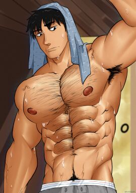 1boy abs armpit_hair armpits bara biceps black_hair bluewdump daddy hairy_chest jujutsu_kaisen looking_down low-angle_view male male_nipples male_only male_pubic_hair masculine_male mature_male muscular muscular_male nipples pecs pubic_hair solo solo_male toji_fushiguro unimpressed wet yaoi
