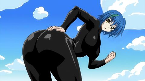 ass bending_over big_ass big_breasts big_butt black_bodysuit blrown_eyes blue_hair breasts busty crossover crossover_cosplay curvy edit fairy_tail female high_school_dxd jiggle_butt_gang latex latex_bodysuit looking_at_viewer medium_hair skintight smile spandex thick_ass thick_thighs voluptuous xenovia_quarta