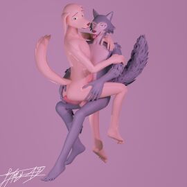 2boys 3d anthro beastars bird_dog canid canine canis digital_media_(artwork) domestic_dog duo erection fur gay genitals grey_body grey_fur hi_res hunting_dog itmy09 jack_(beastars) legoshi_(beastars) looking_at_viewer male male/male mammal nude penis retriever simple_background tail wolf