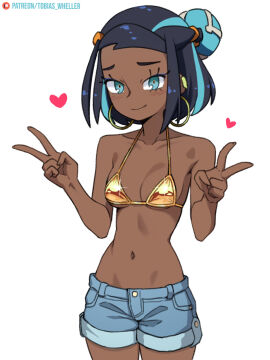 1girls alternate_hairstyle big_earrings bikini black_hair blue_eyes blue_hair breasts dark_skin double_v earrings female gold_bikini hearts hoop_earrings looking_at_viewer midriff nessa_(pokemon) nintendo pokemon pokemon_ss short_hair shorts smile solo tobias_wheller tomboy two-tone_hair v v-sign