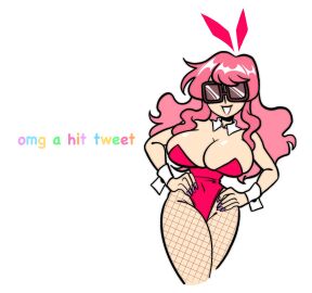 1girls arrabbiatahoe bia_(arrabbiatahoe) big_breasts breasts bunny_girl bunnysuit cleavage curly_hair english_text female huge_breasts long_hair pink_hair smile smiling sunglasses tinted_eyewear white_background
