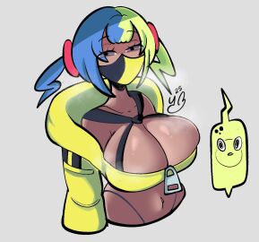 1girls bangs big_breasts black_eyes blonde_hair blue_hair breasts canari_(pokemon) canary_(pokemon) cleavage clothed cropped_torso dark-skinned_female dark_skin eyebrows_visible_through_hair facemask female grey_background gyaru huge_breasts kusogaki large_breasts looking_at_viewer multicolored_hair navel pokemon pokemon_legends:_z-a solo streamer striped upper_body yanderocky