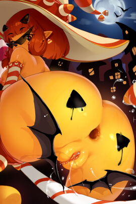 anus anus_focus ass back_view bat_wings big_breasts breasts candy candy_cane elf_ears female gaping gaping_anus goblin goblin_female halloween large_ass large_breasts moonlight night nipple_bulge nipples nude pumpkin pussy pussy_lips red_hair solo solo_female solo_focus spread_legs spread_pussy sunglasses tagme tagme_(character) tattoo witch yellow_body zzo0