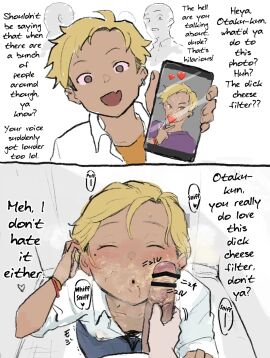 2boys bar_censor blonde_hair blowjob blush bracelet brown_eyes camera censored cock_worship crossdressing cum cum_on_face dark-skinned_femboy dark-skinned_male dark_skin dick_cheese english_text erection eyeliner facial fellatio femboy filter first_person_view forehead foreskin from_above gay gay_domination gay_male gomabura gyaru gyaru-oh gyaru-oh_femboy gyaruo highres jewelry kneeling licking_penis looking_at_viewer makeup male male_focus male_pubic_hair mole mole_under_eye multiple_boys open_mouth oral otaku penis penis_on_cheek penis_on_face phone photo pov precum pubic_hair pubic_hair_on_face public semen smegma smegma_cleaning_(oral) smegma_in_foreskin smegma_on_face smell smelling smelling_penis sneaky sniff solo_focus stray_pubes stray_pubic_hair trap uncircumcised yaoi