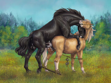 2015 animal_genitalia animal_penis animal_pussy anus balls black_balls black_body bodily_fluids bondage bound breasts closed_eyes crotchboobs crotchboobs_visible_through_thighs cum cum_in_pussy cum_inside dated duo equid equine equine_anus equine_genitalia equine_penis equine_pussy erection female female_penetrated feral feral_on_feral feral_penetrated feral_penetrating feral_penetrating_feral from_behind_position gag gagged genital_fluids genitals grass horse leg_markings male male/female male_penetrating male_penetrating_female mammal markings outside penetration penile penile_penetration penis penis_in_pussy plant pussy raised_tail restraints rock rufciu sex signature socks_(marking) spreader_bar sweat tail tail_anus tan_body vaginal_penetration white_markings