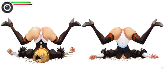 absurdres ass blindfold breasts cameltoe cleavage cosplay covered_navel crossover crossover_cosplay curvy defeat defeated faceplant female female_only gravity_rush highres hip_focus humiliation kat_(gravity_rush) knocked_out leotard navel nier:_automata nier_(series) no_background pussy ryona simple_background skin_tight solo spread_legs thick_thighs thighs top-down_bottom-up unknowntico white_background wide_hips yorha_2b_(cosplay)