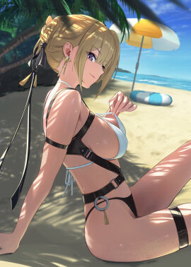 1girls beach beach_umbrella bikini black_bikini blonde_hair breasts commentary earrings evelyn_chevalier female highres innertube jewelry large_breasts mismatched_bikini ocean outdoors purple_eyes sand short_hair sitting smile solo strap_gap strap_pull swim_ring swimsuit thigh_strap thighs torjun_111 umbrella white_bikini zenless_zone_zero