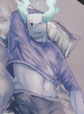 antlers arm_behind_head bed bedroom_eyes booty_shorts inphernal medkit_(phighting) one_eye_closed phighting pillow shorts stomach suggestive t-shirt