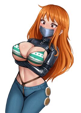 1girls bikini_top bolero_straitjacket bondage crotch_rope denim_jeans female female_only jeans long_hair midriff nami_(one_piece) negieggy nipples_bulge no_background one_piece orange-haired_female orange_hair post-timeskip straitjacket tape_gag worried