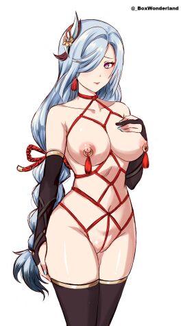 1girls black_gloves black_thighhighs bondage bound box_wonderland braid braided_ponytail breasts collarbone crotch_rope earrings elbow_gloves english_commentary female female_only femsub fingerless_gloves genshin_impact gloves grey_eyes grey_hair hair_ornament hair_over_one_eye hand_on_own_chest highres jewelry large_breasts long_hair looking_at_viewer navel nipple_piercing nipple_rings nipple_tassels nipples nude partially_fingerless_gloves piercing pussy rope shenhe_(genshin_impact) shibari solo standing stockings tassel tassel_earrings thighhighs thighs twitter_username very_long_hair white_background