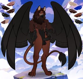 absurd_res alekdagryph anthro aridolena avian balls beak black_body blue_eyes brown_body brown_fur erection foreskin fur genitals gryphon hair hi_res inner_ear_fluff looking_at_viewer male mane model_sheet mythological_avian mythological_creature mythology nipples nude paws penis simple_background smile solo tail tail_tuft tuft wings