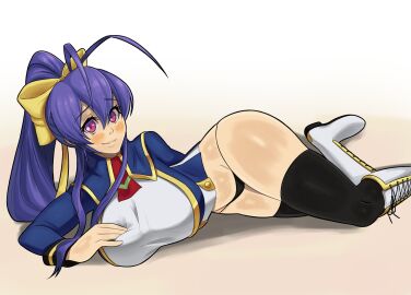 1girls blazblue blazblue:_central_fiction blazblue:_chronophantasma blazblue:_cross_tag_battle blazblue_remix_heart blue_hair bottomless bow breasts female female_focus female_only laying_down long_hair long_ponytail looking_at_viewer mai_natsume ponytail solo solo_female thick_thighs