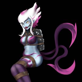 arms_behind_back ball_gag bondage bound_arms bound_legs evelynn female gag gagged league_of_legends menchimenagerie