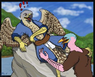 4_toes anisodactyl anthro avian avian_caruncle beak belt bird border brown_body brown_feathers chastity_bulge chastity_cage chastity_device clothed clothing coat duo exclamation_point falcon falconid feathered_wings feathers feet foot_on_shoulder galliform grey_body grey_feathers hand_on_belly hand_on_leg hand_on_thigh hi_res imminent_oral male male/male multicolored_body multicolored_feathers on_rock open_beak open_mouth outside outside_border partially_clothed peregrine_falcon phasianid pink_scutes reclining rock scuted_arms scuted_legs scutes shabnack_(artist) shabnack_(character) snood_(anatomy) surprised tan_body tan_feathers toes topwear tumeruk_(shabnack) turkey two-tone_body two-tone_feathers wings yellow_scutes