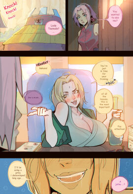 2girls absurd_res alternate_breast_size alternate_version_available big_breasts blonde_hair blush breasts cleavage comic digital_media_(artwork) drunk edit female female_only forehead_mark forehead_protector green_eyes high_resolution huge_breasts human large_breasts long_hair mature_female naruto naruto_(series) naruto_shippuden no_text_version pink_hair png redraw sakura_haruno short_hair tsunade younger_female