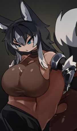 1boy 1girls big_breasts black_hair boob_window boobjob breasts cumshot female female_focus female_on_top humanoid male paizuri paizuri_lead_by_female paizuri_on_lap signe_brachirsdottr_(azaertia) titjob two-tone_fur two-tone_hair white_hair wolf_ears wolf_girl wolf_tail zanamaoria