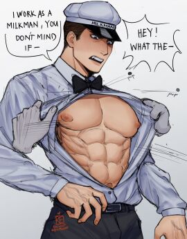 1boy abs bara blush bureichi clothing francis_mosses male male_focus male_nipples male_only milkman muscular muscular_male nipples no_visible_genitalia solo_male that's_not_my_neighbor yaoi