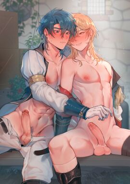 2boys abs balls bare_midriff blonde_hair blue_eyes blue_hair blush boots box byebyefrog circumcised circumcision_scar ear_piercing eldigan_(fire_emblem) femboy fire_emblem fire_emblem:_genealogy_of_the_holy_war frown gloves grin imminent_handjob imminent_sex long_sleeves male male_only male_pubic_hair medium_hair midriff multiple_boys multiple_males nervous nintendo nipples nude nude_male outdoors penis piercing plant pubic_hair red_eyes short_hair sigurd_(fire_emblem) sitting smile spread_legs testicles window yaoi