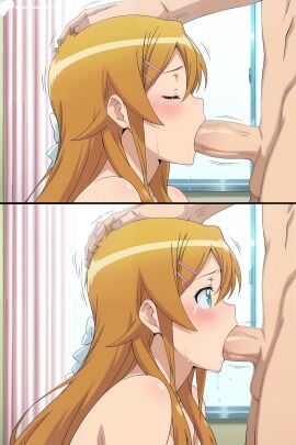 1girls ai ai_assisted ai_generated anime aqua_eyes artist_name bedroom blue_eyes blush breasts completely_nude digitalwaifugallery fellatio female hair_ornament hairclip hi_res high_quality high_resolution highres indoors irrumatio kousaka_kirino long_hair nude oral oral_penetration oral_sex orange_hair ore_no_imouto_ga_konna_ni_kawaii_wake_ga_nai penis tears testicles uncensored veiny_penis watermark