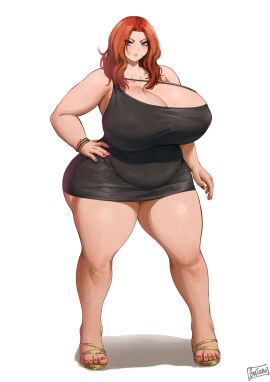 1girls ass batako bbw black_dress blue_eyes bracelet breasts breasts_bigger_than_head chubby chubby_female clothed_female clothes clothing commission dress feet female freckled_skin freckles freckles_on_body freckles_on_breasts freckles_on_face full_body fully_clothed ginger ginger_hair huge_breasts large_ass large_breasts medium_hair mia_(voidnimbus) minidress original painted_nails painted_toenails red_hair red_head red_nail_polish red_nails shoulder_length_hair solo thick_thighs thighs venus_body
