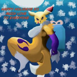 1girls 3_fingers armwear ass black_sclera blowing_kiss blue_eyes breasts christmas christmas_hat digimon female furry heart markings moon neck_tuft picothetrap pinup present raised_leg renamon snow snowflake tail thick_thighs two-tone_fur wallpaper wink yin_yang