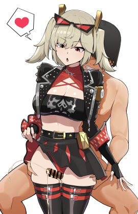 1boy 1girls absurdres bar_censor belt black_gloves black_hair black_skirt black_thighhighs breasts burnice_white censored cleavage clothed_female_nude_male commentary_request cum ejaculation eyewear_on_head female fingerless_gloves gloves grey_hair hanazawa_suou heart highres hoyoverse light-skinned_female light-skinned_male light_skin male medium_breasts mihoyo nude open_mouth panties penis red_belt red_eyes red_panties short_hair simple_background skirt spoken_heart standing straight sunglasses thigh_sex thighhighs thighs twintails underwear white_background zenless_zone_zero