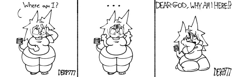 black_stockings chubby confused confused_look derp777 fat green_hair horrified lettuce_emoticon lil_lime88 mental_breakdown no_color oversized_shirt realization scratching_head sequence shocked shocked_expression speech stockings tagme tail text white_background white_shirt