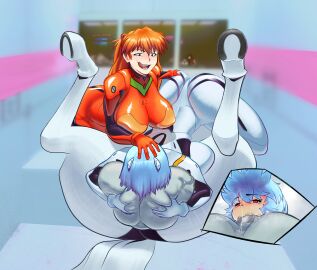 1boy 2girls alternate_version_available asuka_langley_sohryu big_breasts bigeggguy deepthroat fellatio horse horsecock huge_ass huge_cock irrumatio neon_genesis_evangelion rei_ayanami smug