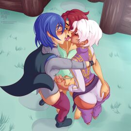 2d 2d_(artwork) 3boys ass ass_grab balor_(fields_of_mistria) blue_hair dark-skinned_femboy dark-skinned_male eiland_(fields_of_mistria) fields_of_mistria frottage gay gay_sex handjob kiingmiin kissing light-skinned_male male_only march_(fields_of_mistria) partially_clothed penis red_hair white_hair yaoi